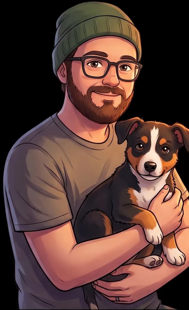 Illustrated portrait of Andrew holding his dog