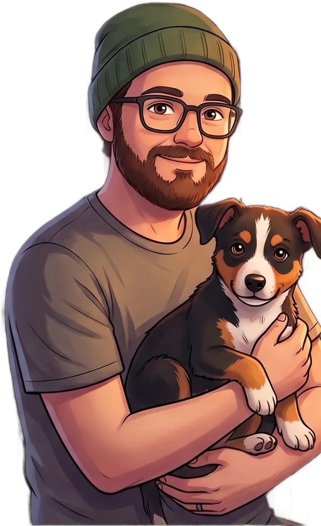 Illustrated portrait of Andrew holding his dog